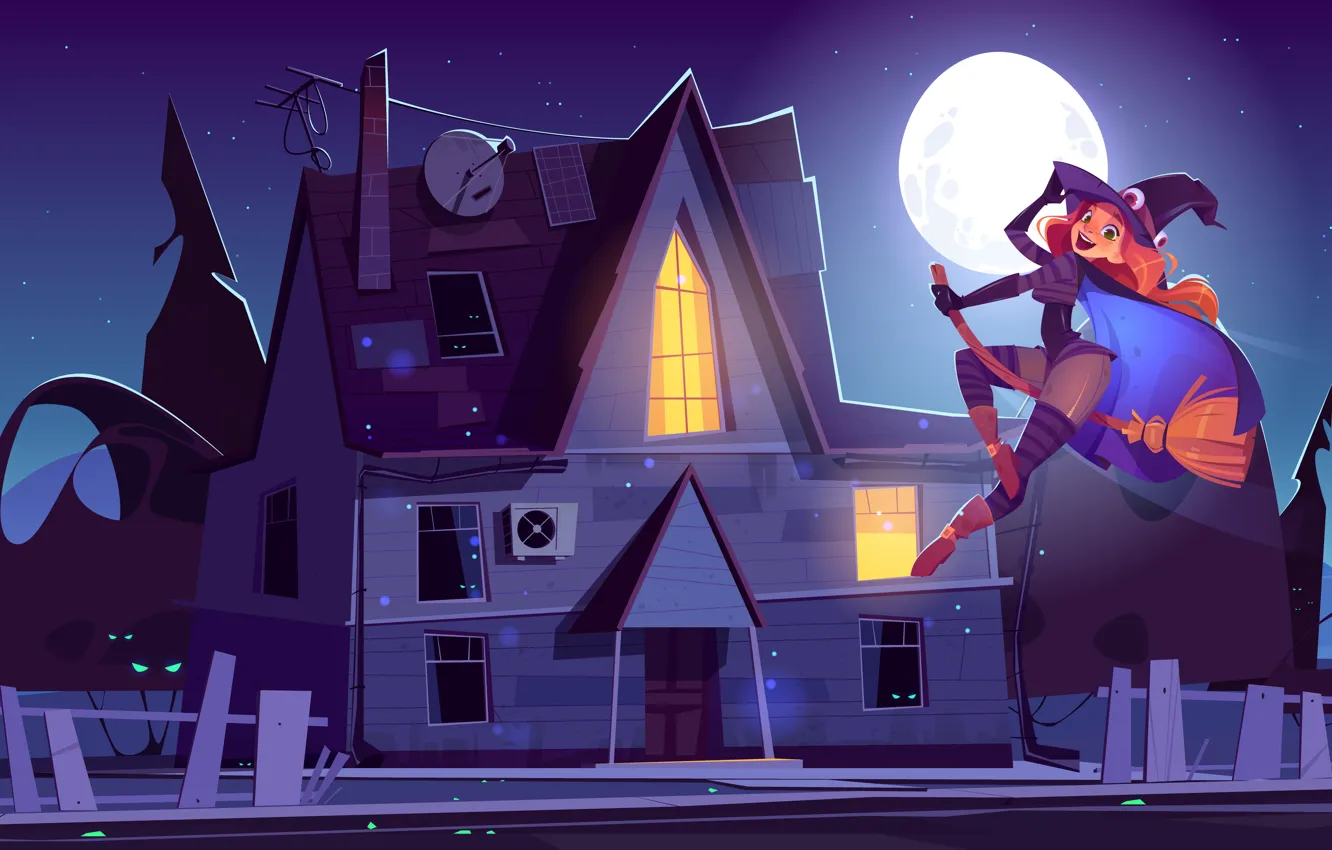 Photo wallpaper Night, The moon, House, Smile, Witch, Halloween, Halloween, Flight