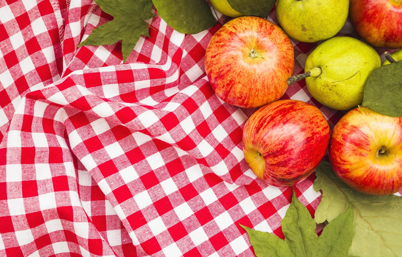Photo wallpaper leaves, apples, harvest, tablecloth