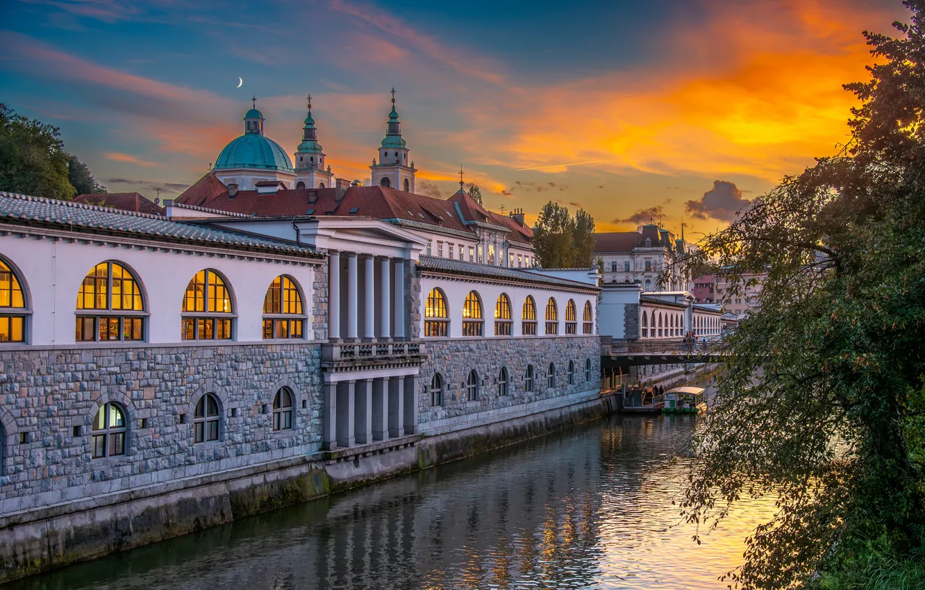 Photo wallpaper sunset, river, building, home, Slovenia, Slovenia, Ljubljana, Ljubljana