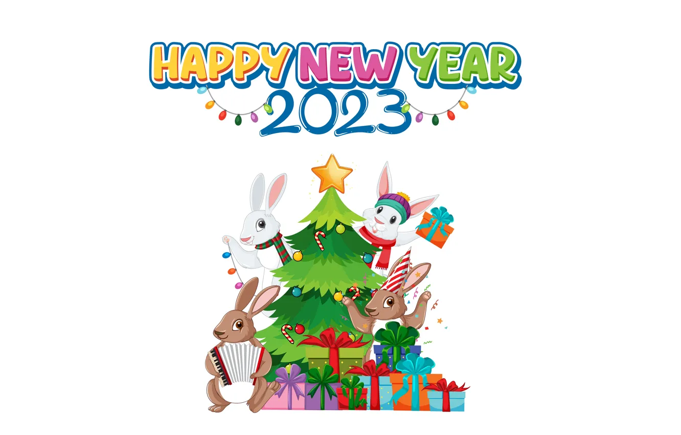 Photo wallpaper box, gift, the inscription, graphics, new year, hare, rabbit, figures