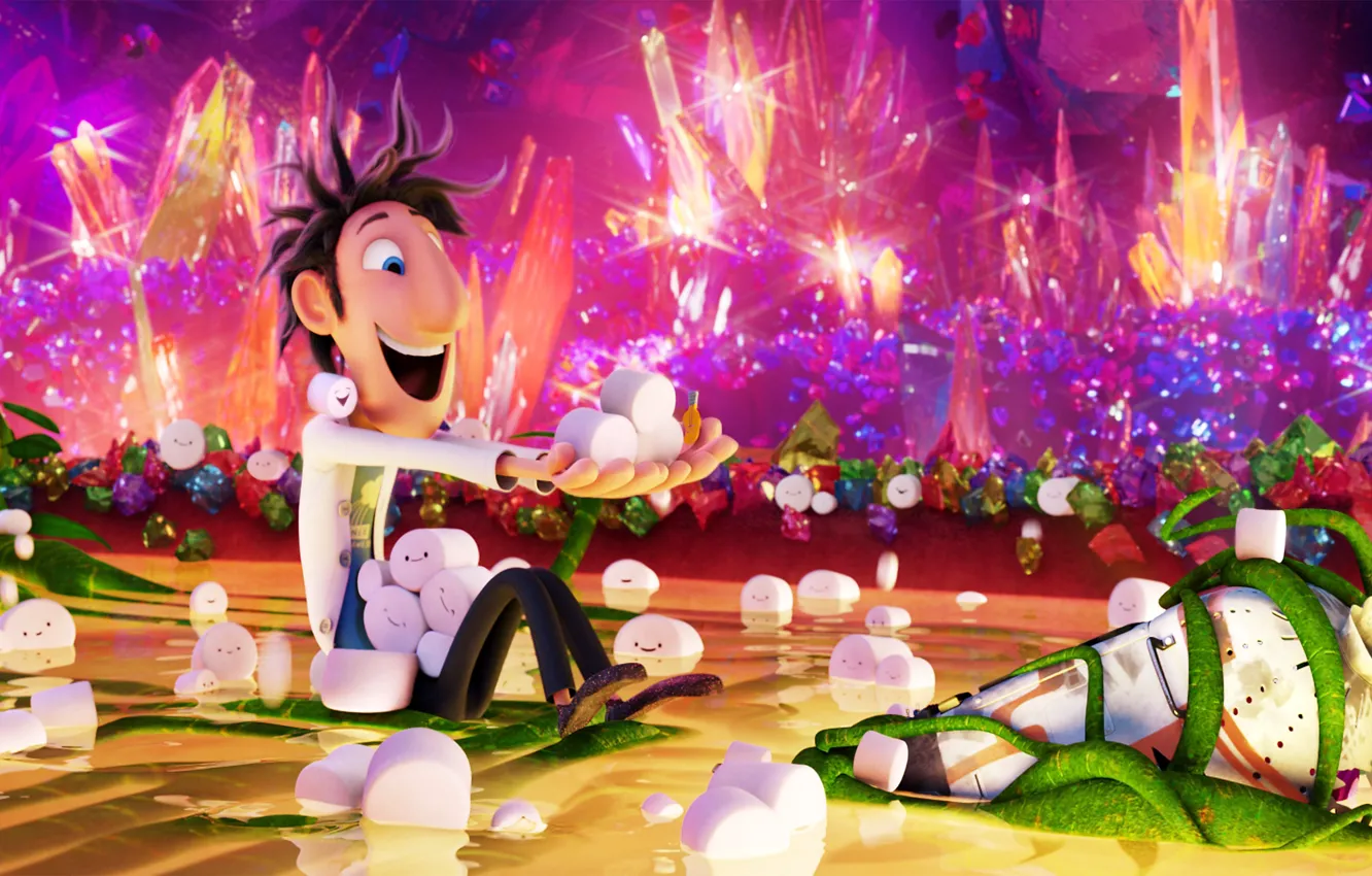 Photo wallpaper cloudy, lights, possible precipitation with a chance of meatballs, marshmallows, Flint Lockwood, iwaguchi, pink, meatballs