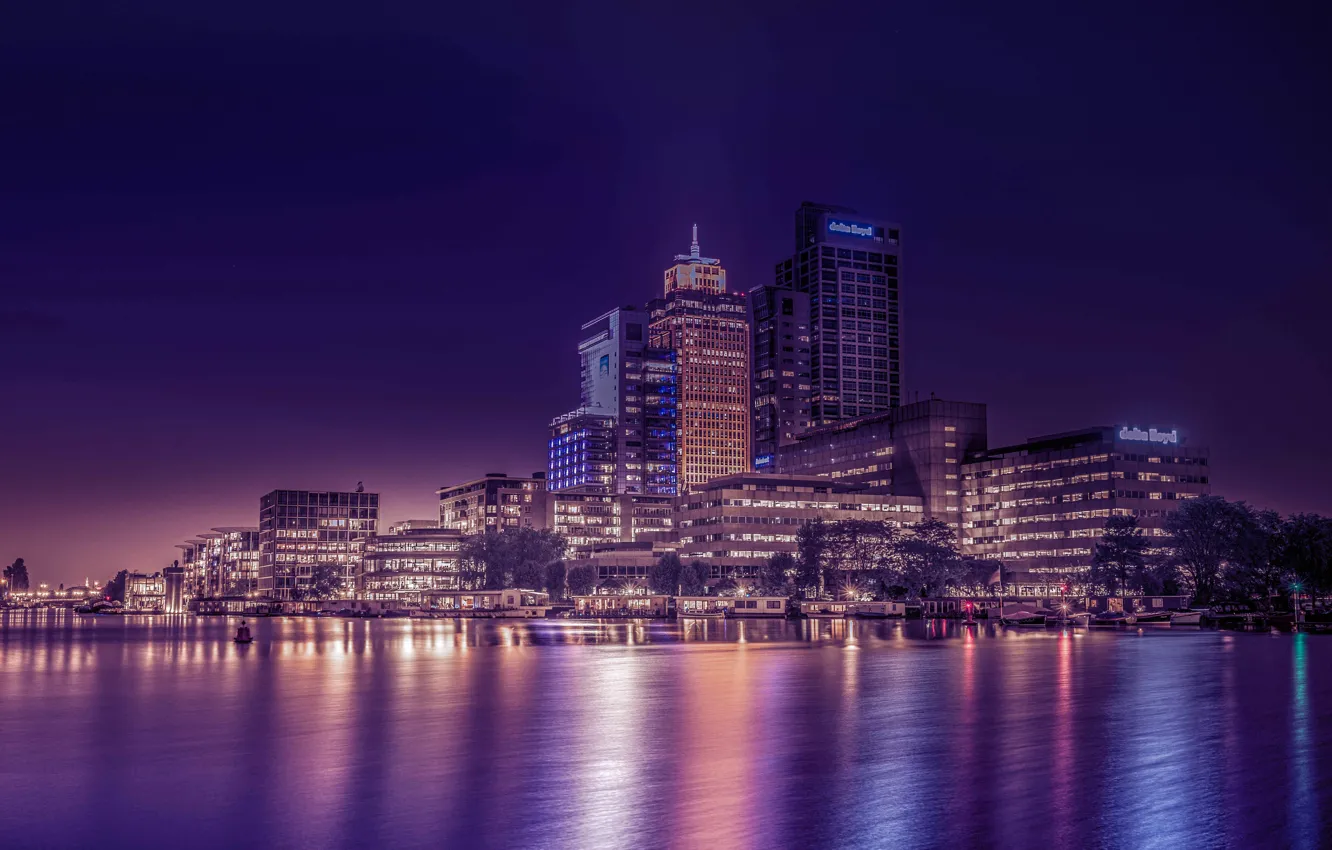 Photo wallpaper river, building, skyscrapers, Amsterdam, Netherlands, night city, Amsterdam, Netherlands