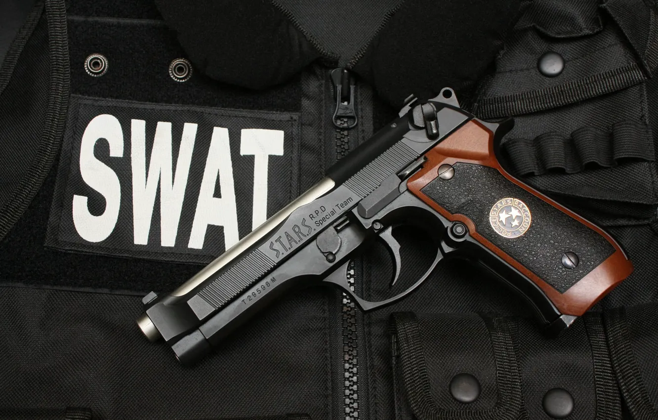 Photo wallpaper gun, vest, SWAT, Beretta 92F S.T.A.R.S. Special