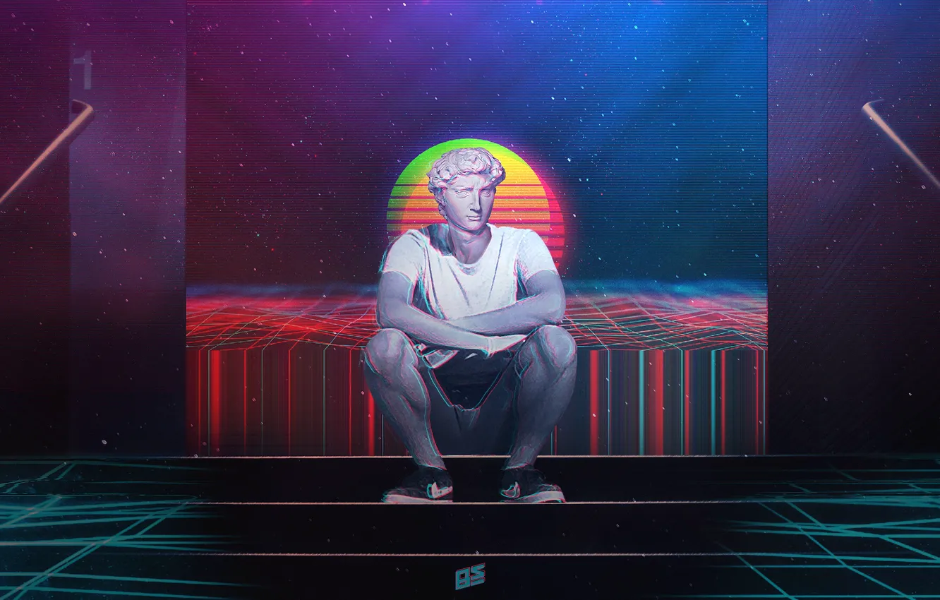 Photo wallpaper stars, music, background, neon, statue, Electronic, David, Synthpop