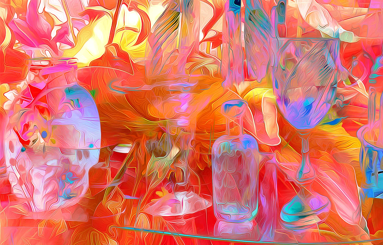 Photo wallpaper line, glass, color, bottle, dishes, vase