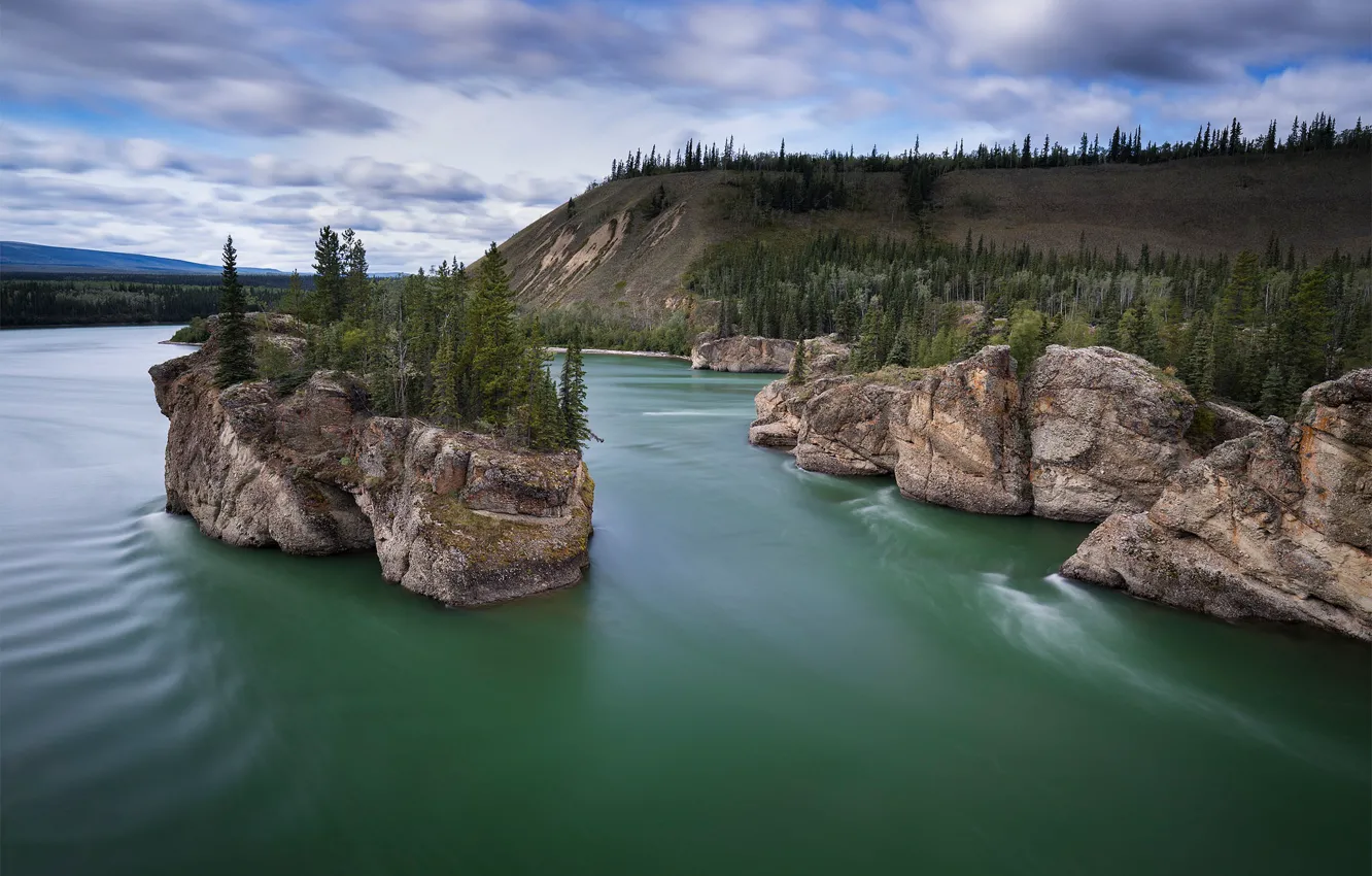 Photo wallpaper trees, river, rocks, Canada, Canada, island, Yukon, Yukon