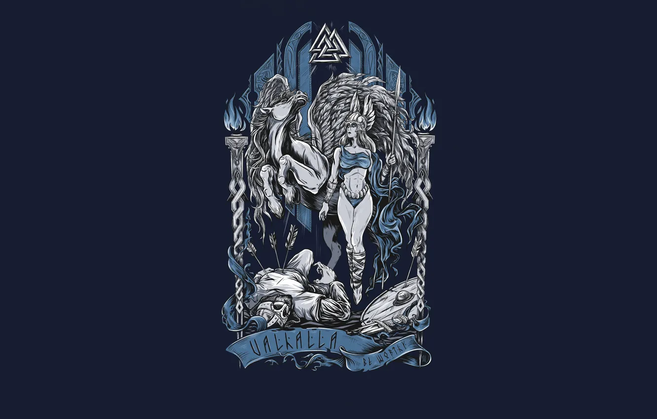 Photo wallpaper girl, background, horse, horse, minimalism, warrior, Valkyrie, Valkyrie