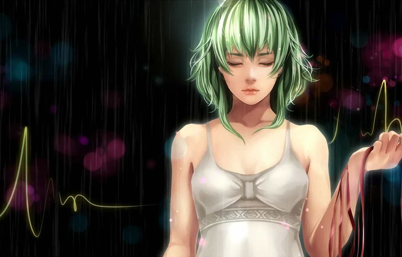 Photo wallpaper girl, rain, wire, art, vocaloid, green hair, gumi, jun jun