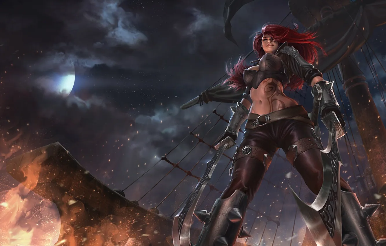 Photo wallpaper look, girl, night, the moon, the game, art, League of Legends, Katarina