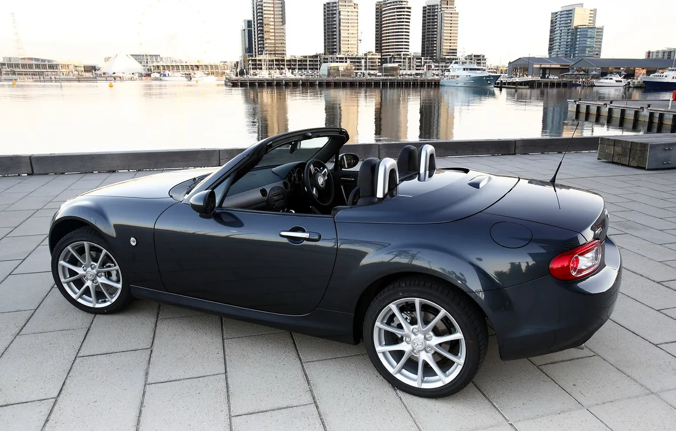 Photo wallpaper water, black, Marina, Roadster, yacht, port, Mazda, Roadster