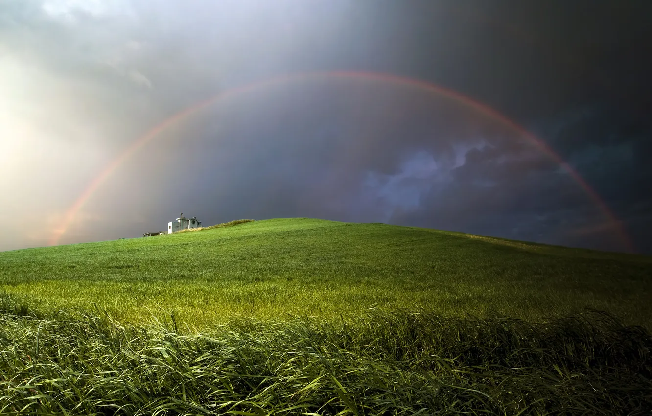 Photo wallpaper wheat, the sky, clouds, rainbow, hill, house, grass