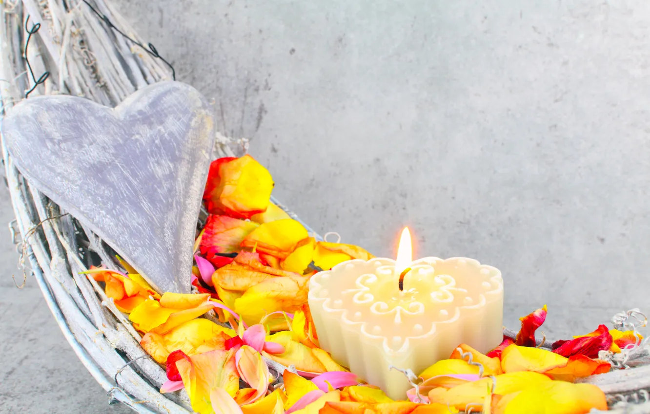 Photo wallpaper flowers, yellow, heart, roses, candles, petals, figures
