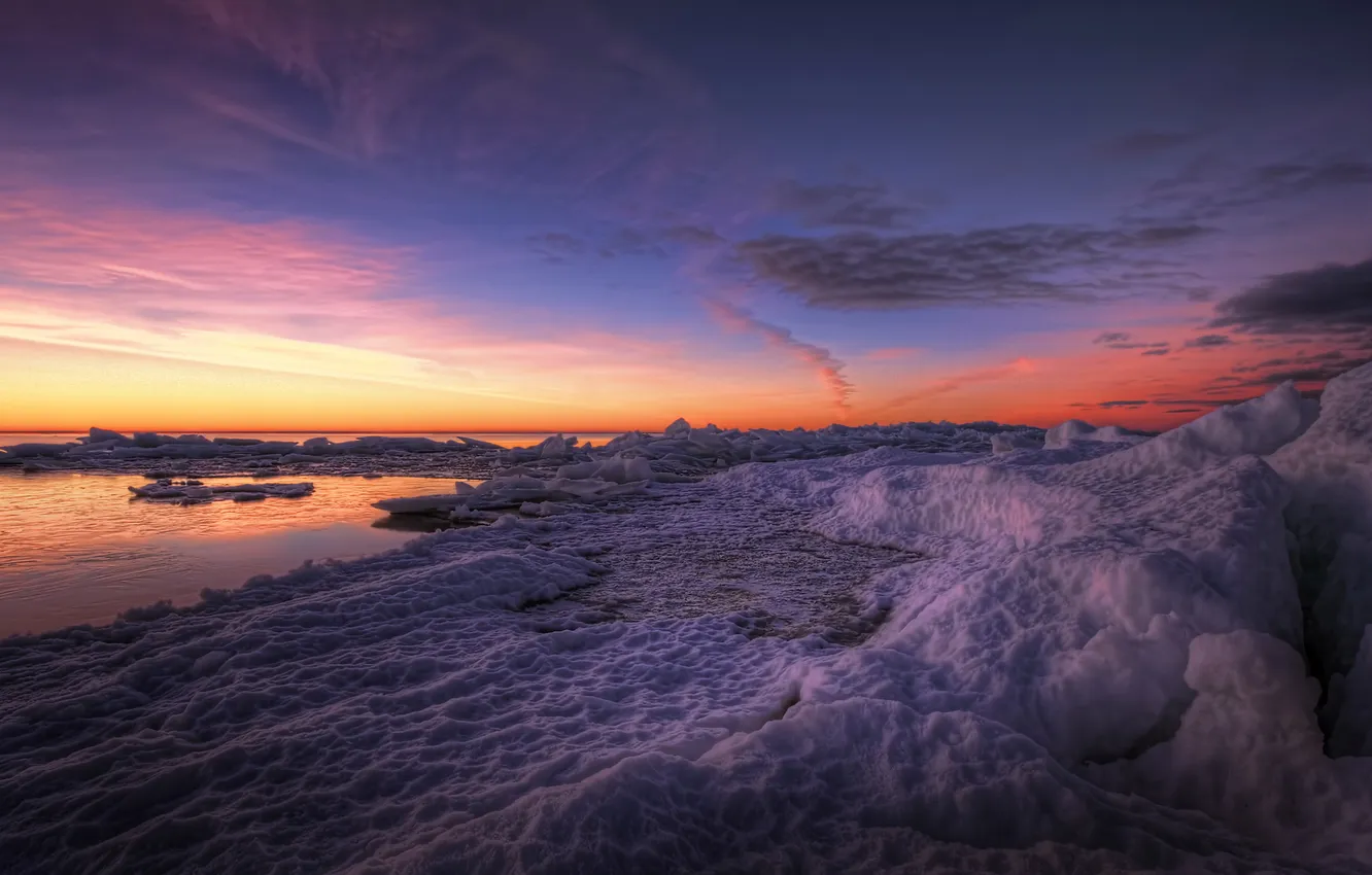 Photo wallpaper ice, sunset, river