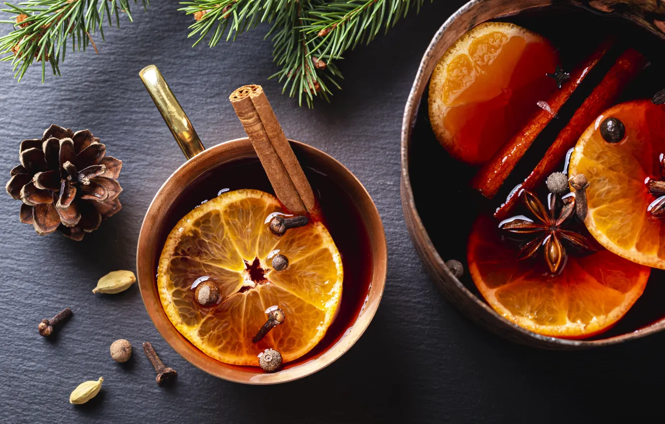 Photo wallpaper branches, tea, new year, orange, Christmas, Cup, cinnamon, needles