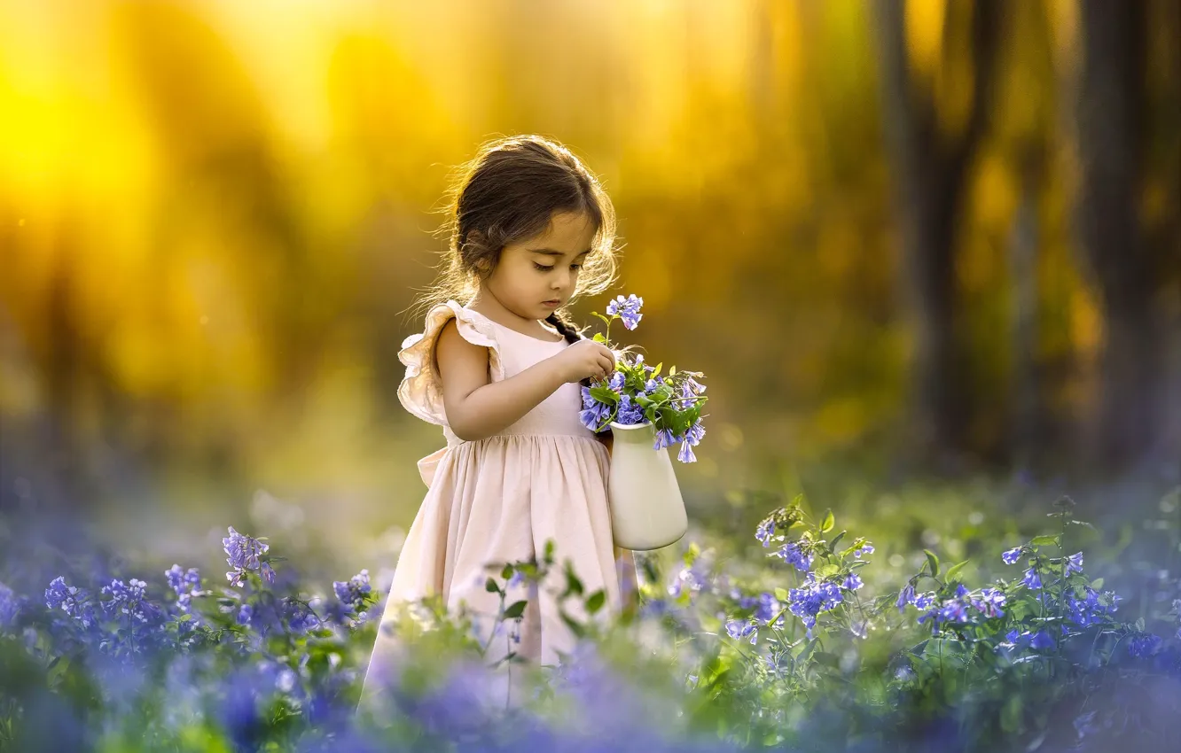 Photo wallpaper flowers, glade, girl, pitcher