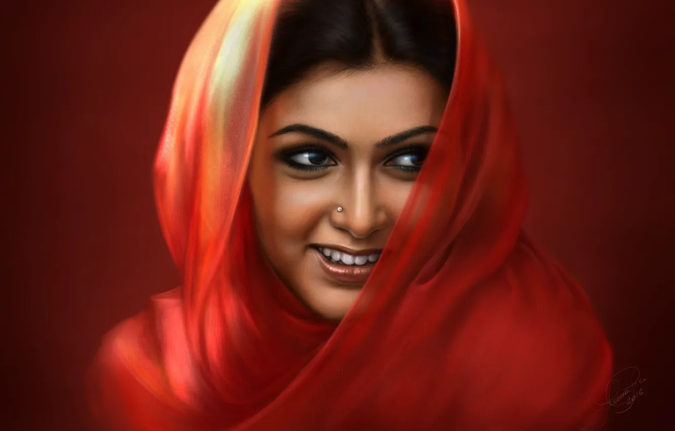 Photo wallpaper girl, red, smile, portrait, India, saree