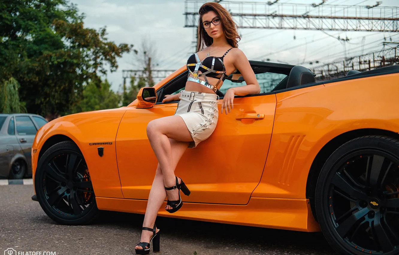 Photo wallpaper machine, auto, girl, pose, glasses, convertible, legs, Chevrolet Camaro