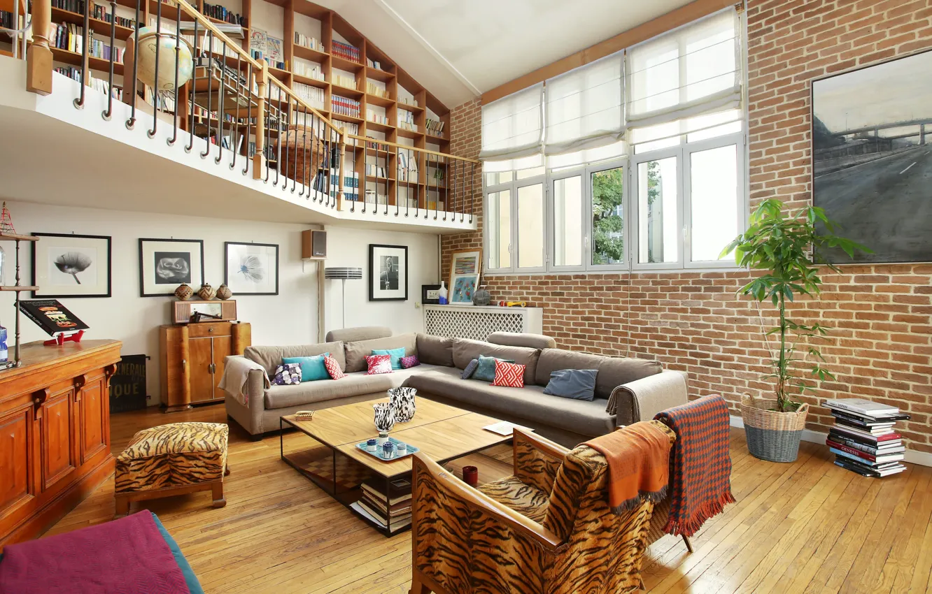 Photo wallpaper design, style, interior, library, living room, Duplex Apartment, duplex apartment