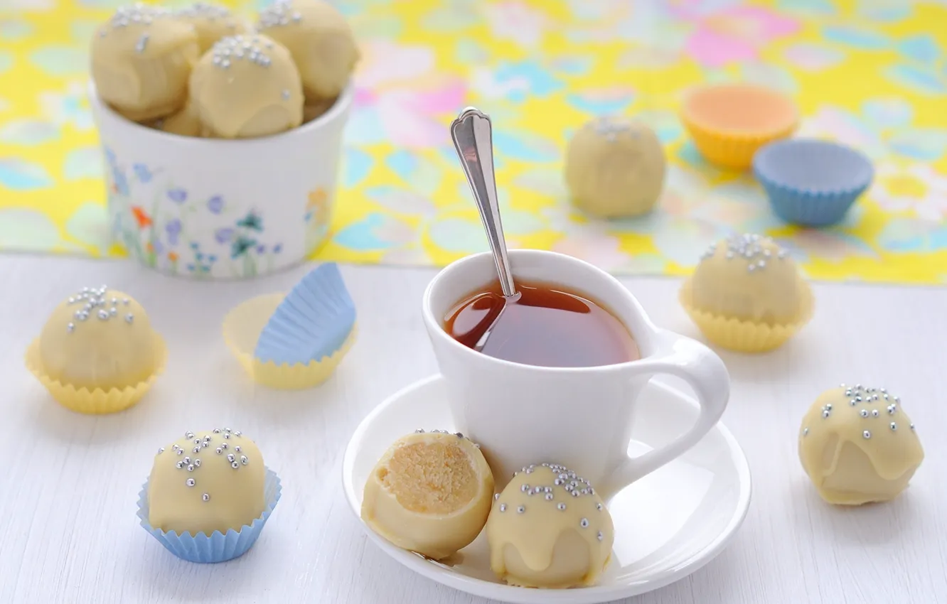 Photo wallpaper tea, food, candy, Cup, white chocolate, topping