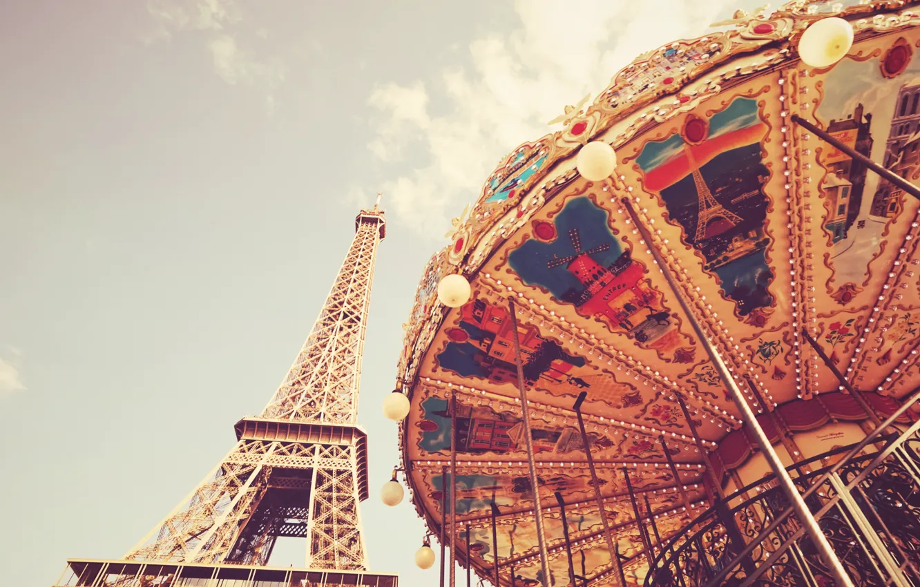 Photo wallpaper clouds, France, Paris, Eiffel tower, carousel
