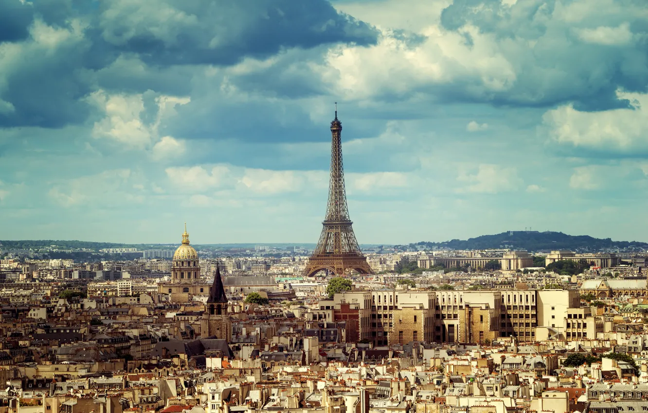 Photo wallpaper the sky, the sun, clouds, France, Paris, home, panorama, Eiffel tower