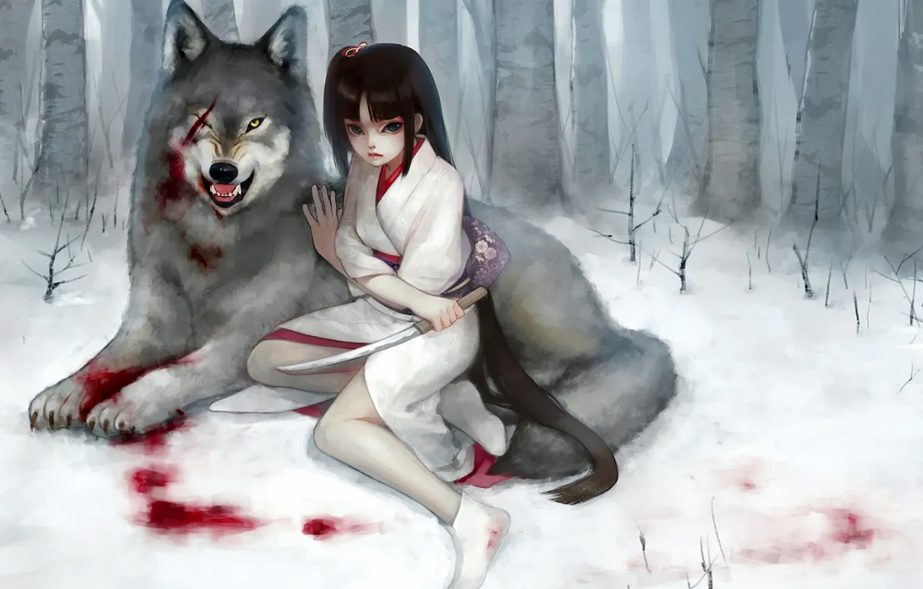 Photo wallpaper forest, girl, snow, blood, wolf, dagger, kimono, scar