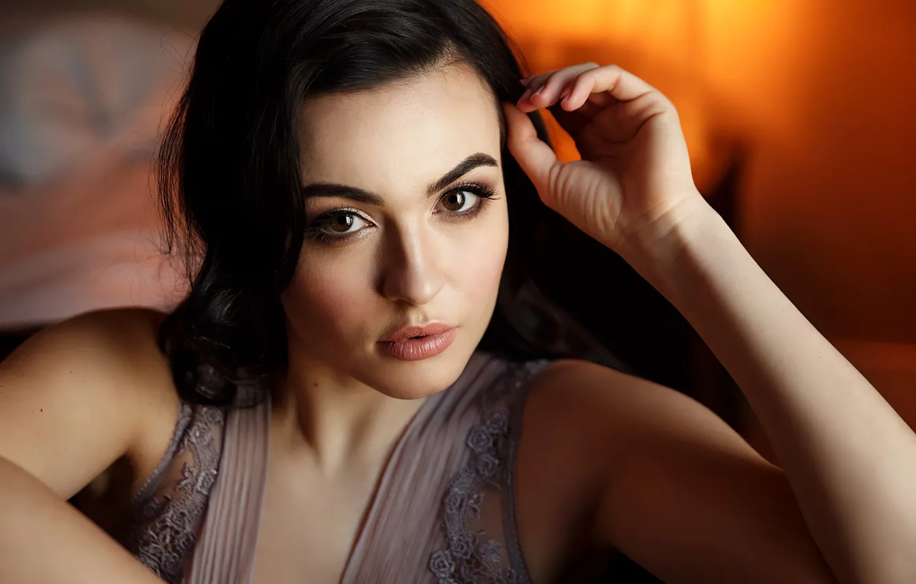 Photo wallpaper look, pose, model, portrait, makeup, brunette, hairstyle, beauty
