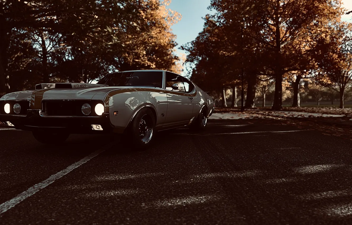 Photo wallpaper HDR, game, trees, muscle car, leaves, Oldsmobile, Hurst, Oldsmobile 442