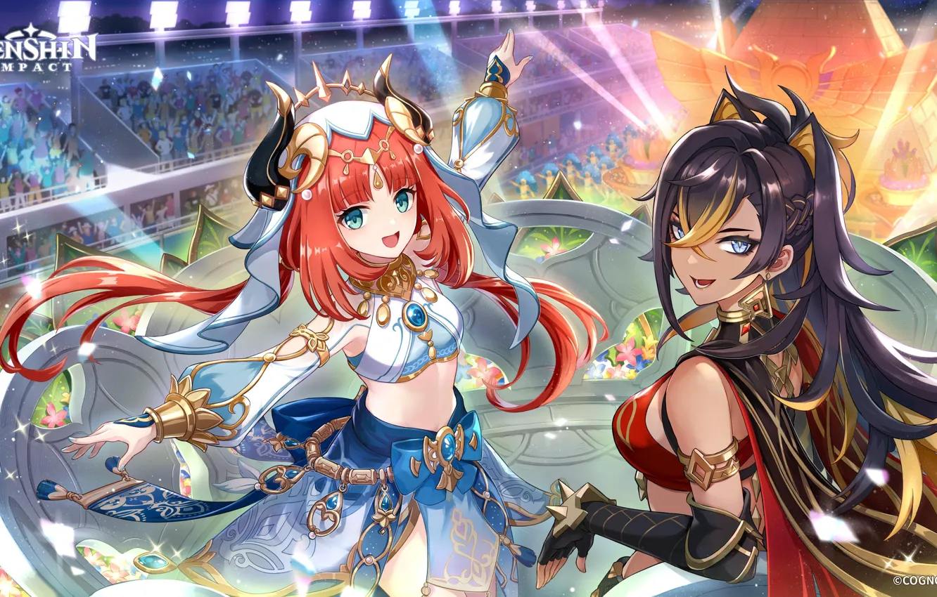 Photo wallpaper smile, holiday, dance, dress, stadium, Genshin Impact, Nilou, Dehya