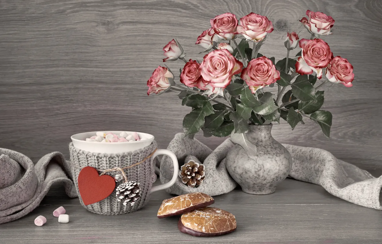 Photo wallpaper flowers, hot, chocolate, cookies, Cup, vase