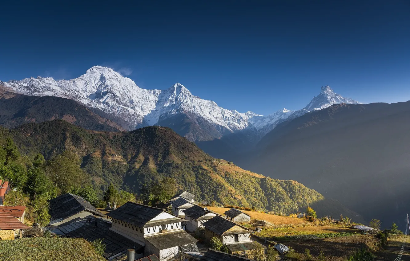 Photo wallpaper the sky, landscape, mountains, house