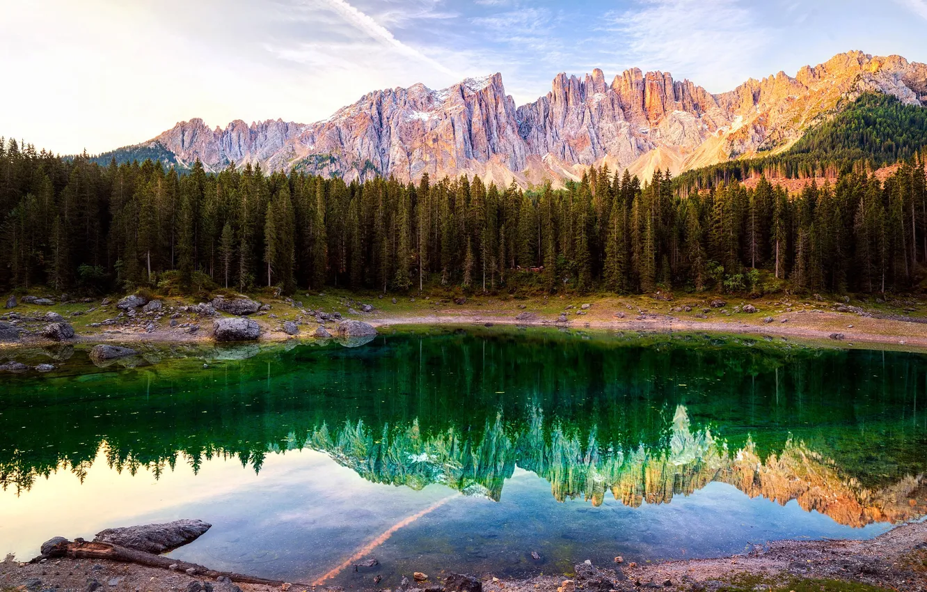 Photo wallpaper forest, the sky, light, mountains, lake, reflection, rocks, shore