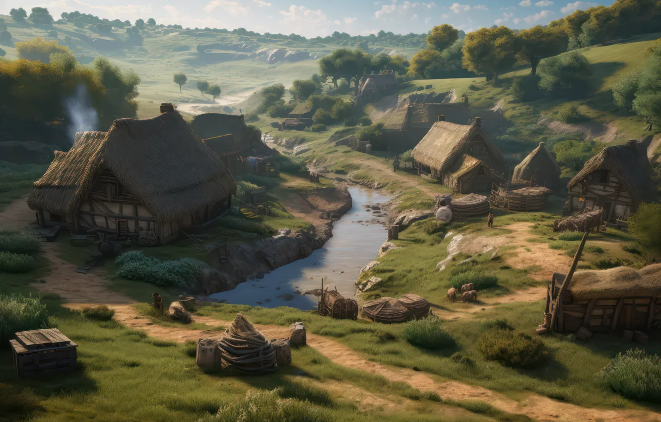 Photo wallpaper landscape, nature, view, village, digital art, AI art, The Art of Artificial Intelligence, neural network