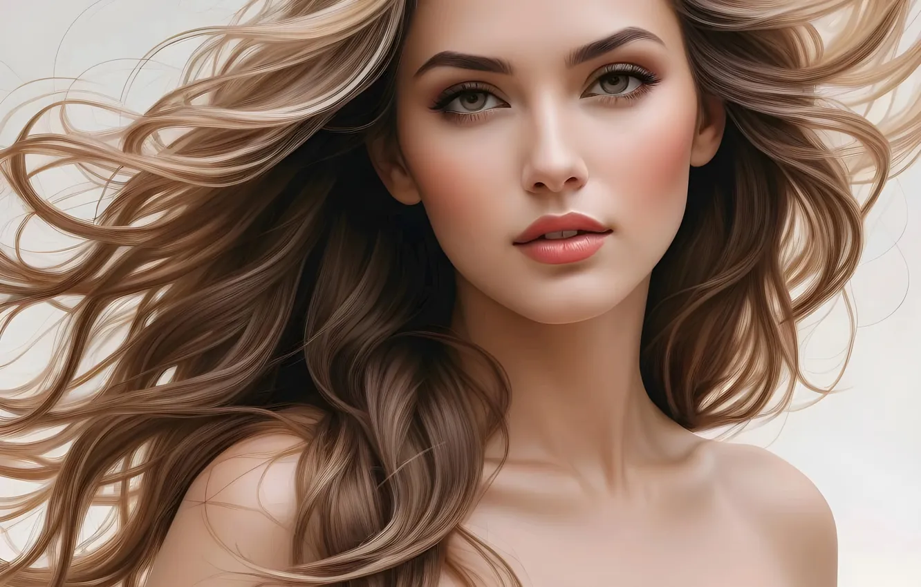 Photo wallpaper look, girl, portrait, brown hair, flowing hair, Rus, AI art, neural network