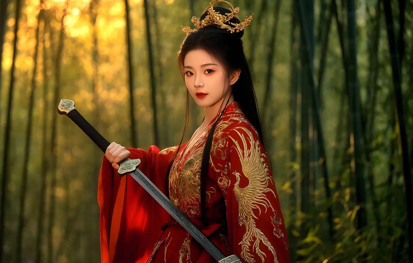 Photo wallpaper look, girl, sword, Chinese, Asian, red dress