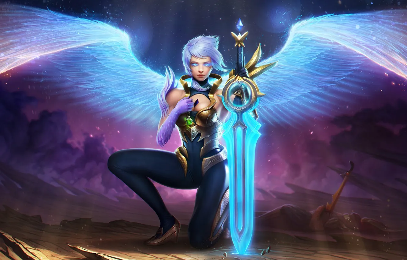 Photo wallpaper girl, wings, angel, sword, League of Legends