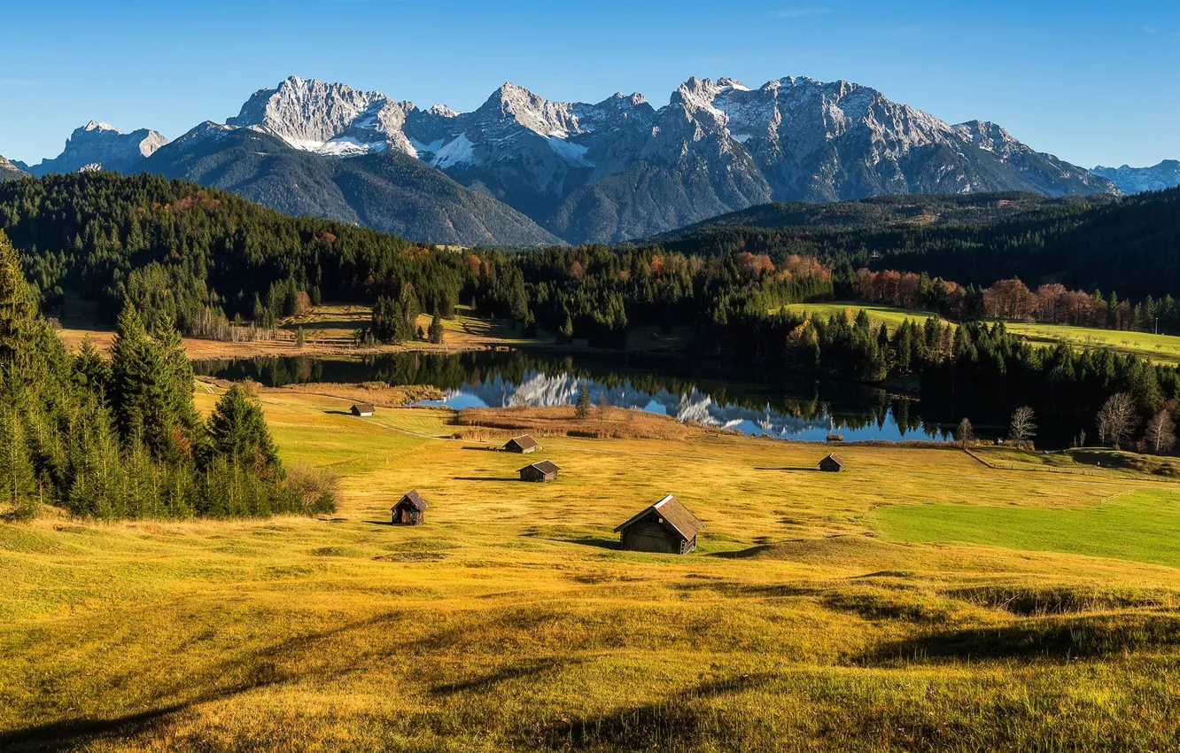 Photo wallpaper forest, the sun, mountains, river, Germany, meadow, Max Forst