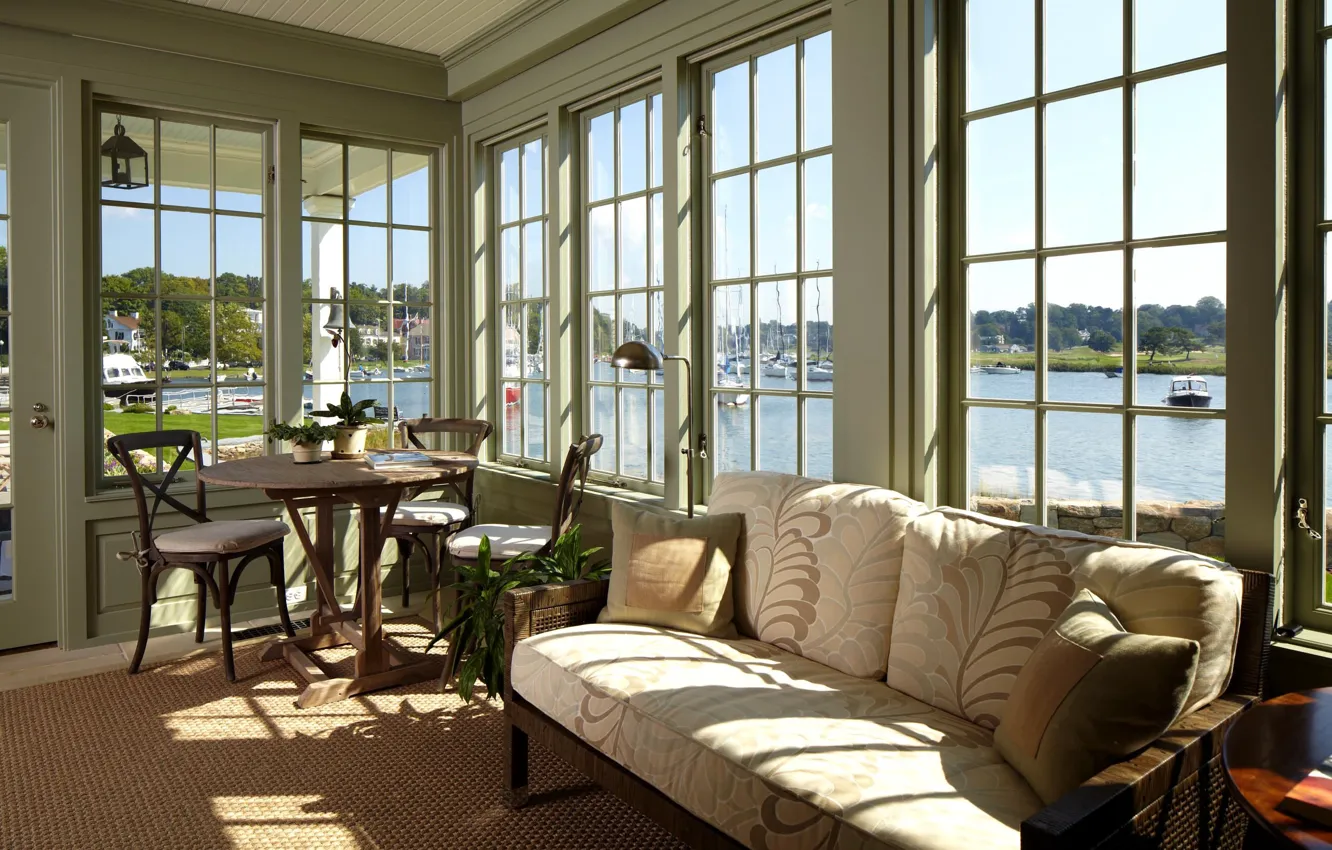 Photo wallpaper furniture, interior, veranda, river view