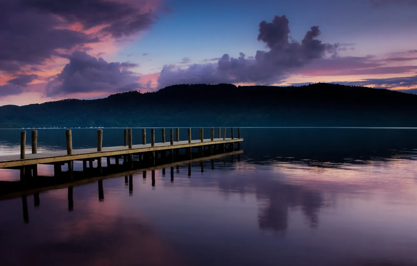 Photo wallpaper forest, the sky, sunset, clouds, lake, pierce