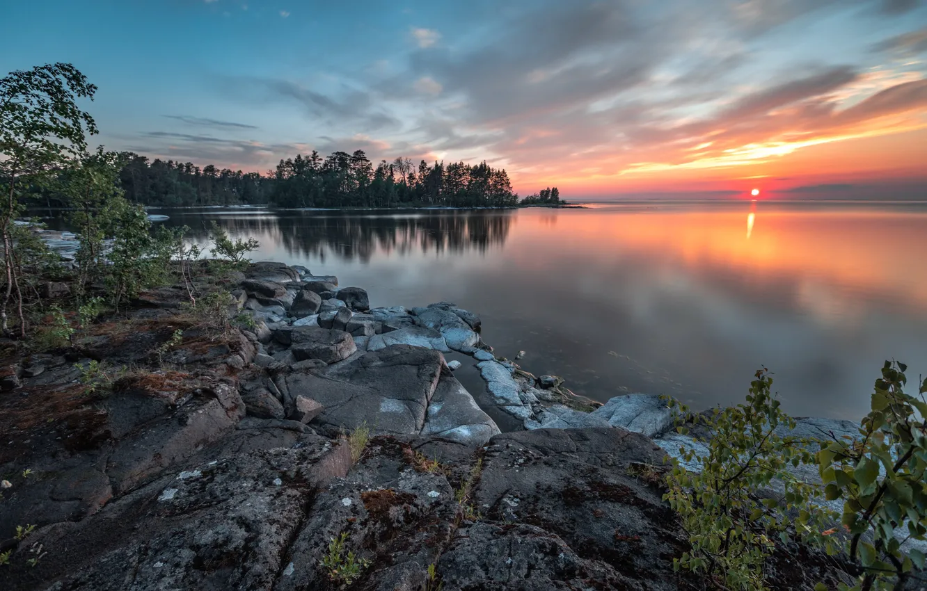 Photo wallpaper landscape, nature, stones, dawn, island, morning, Lake Ladoga, Ladoga
