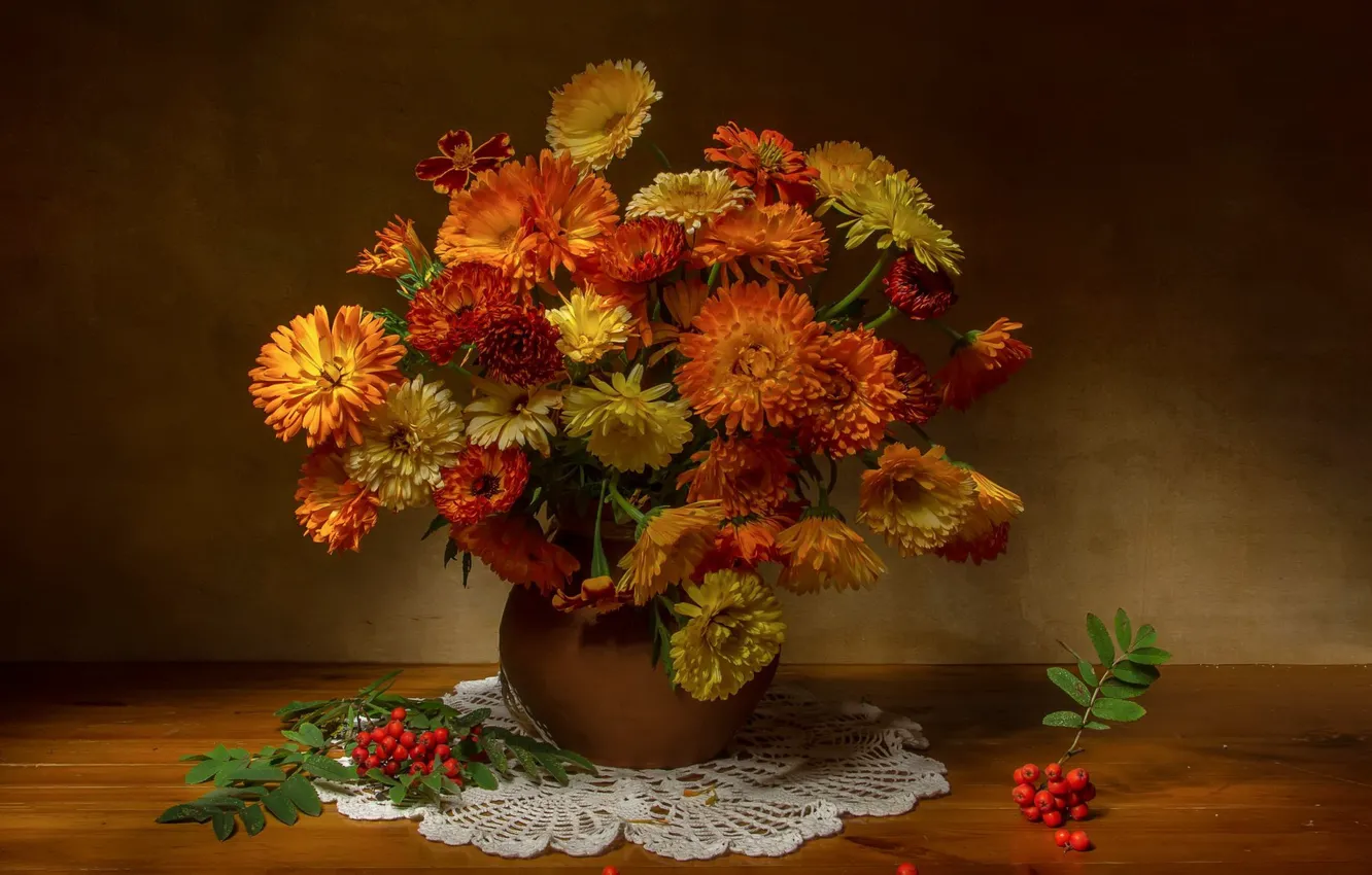 Photo wallpaper flowers, orange, yellow, table, bouquet, pitcher, still life, Rowan