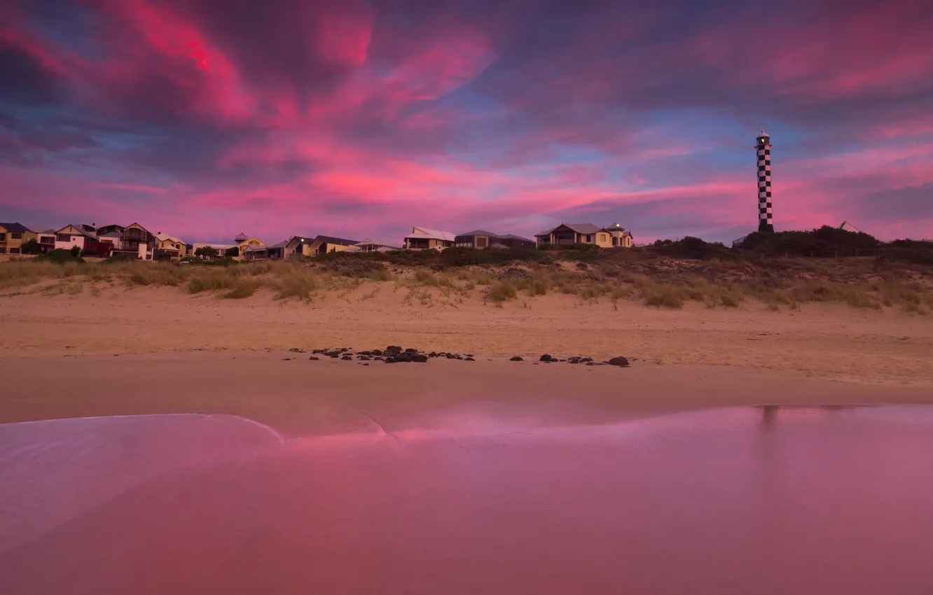 Photo wallpaper sea, sunset, lighthouse, house