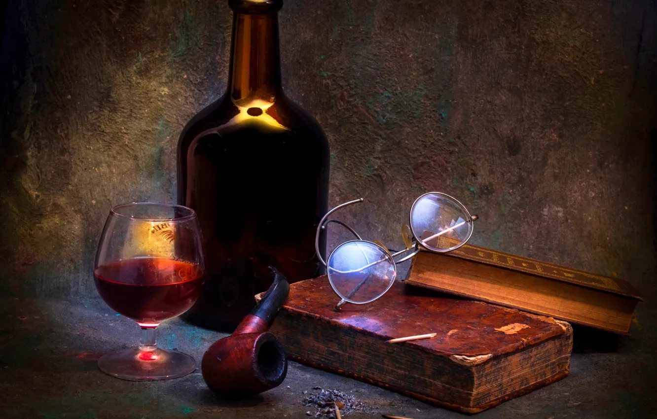 Photo wallpaper wine, glass, books, tube, A time to reflect