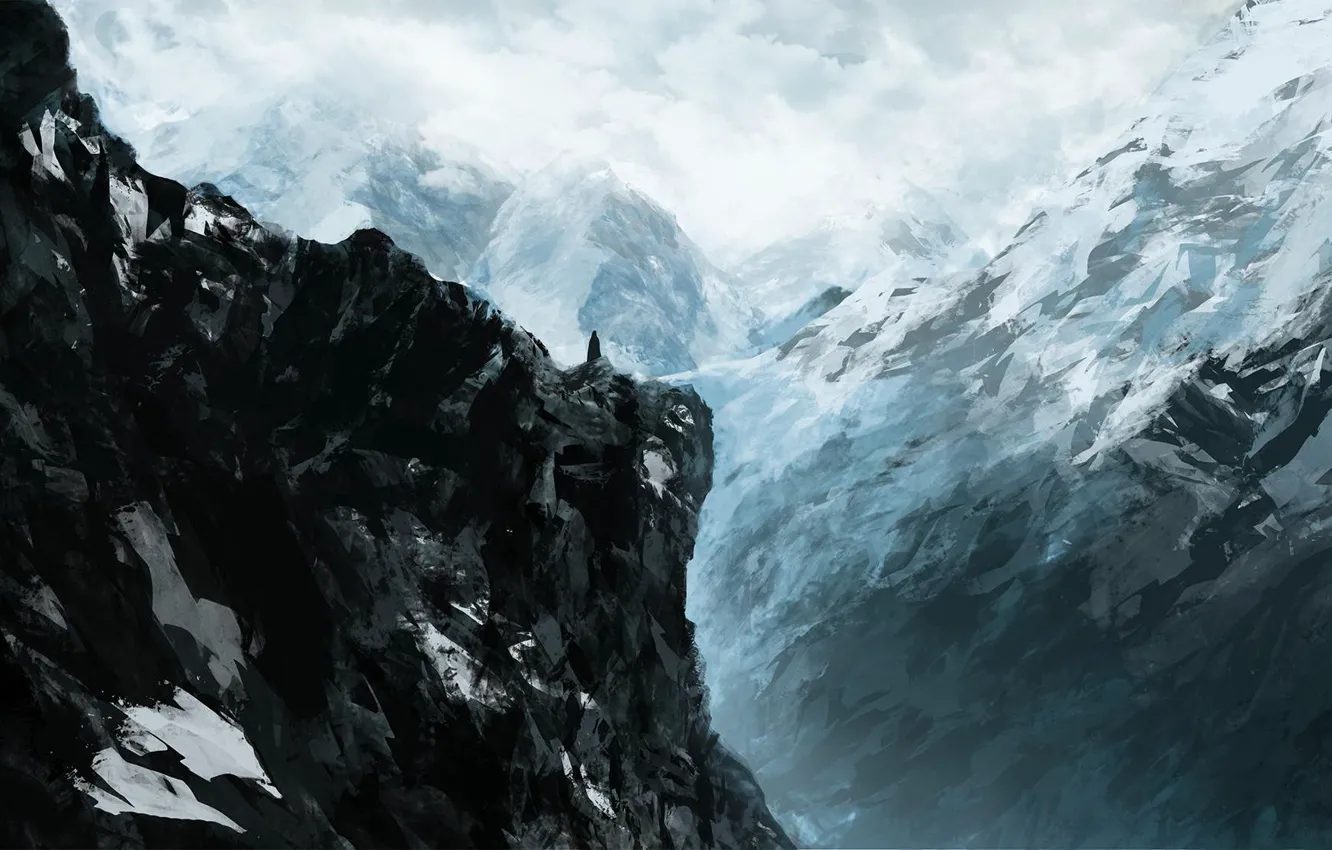 Photo wallpaper snow, mountains, rocks, silhouette, art, art, mountains