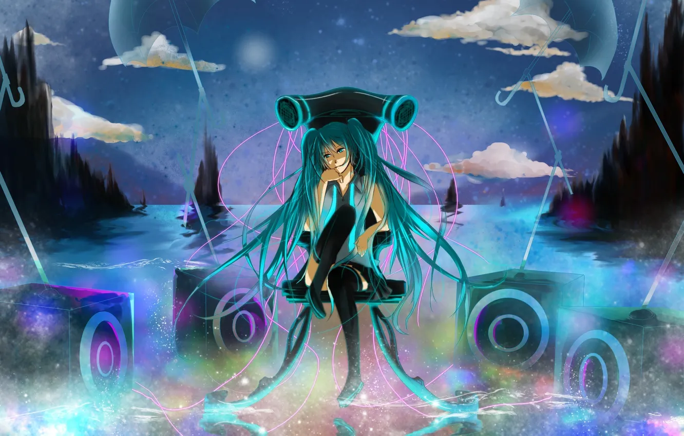 Photo wallpaper the sky, water, girl, clouds, night, rocks, umbrella, art