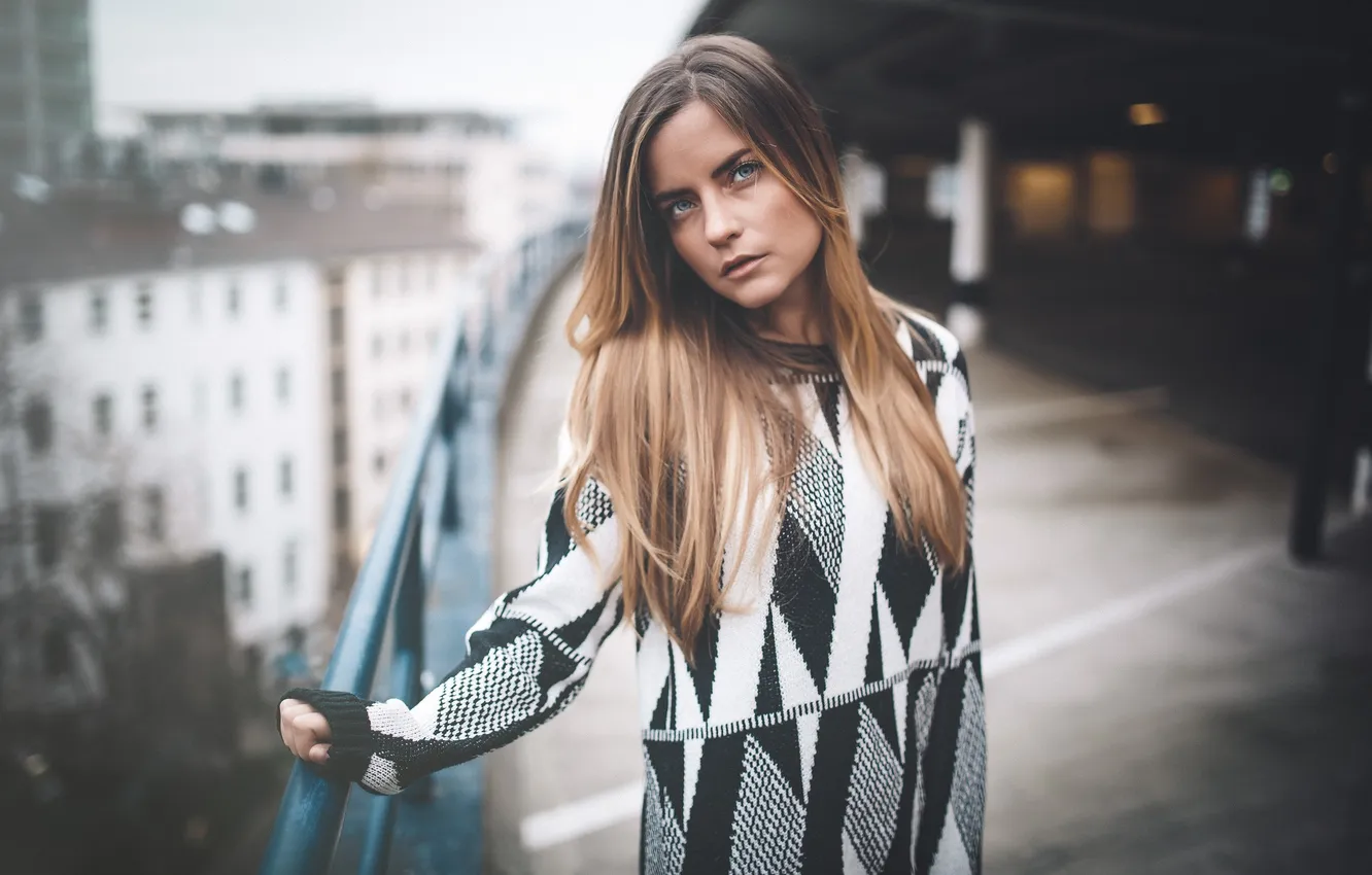 Photo wallpaper roof, eyes, girl, hair, lips, Parking, sweater, bokeh