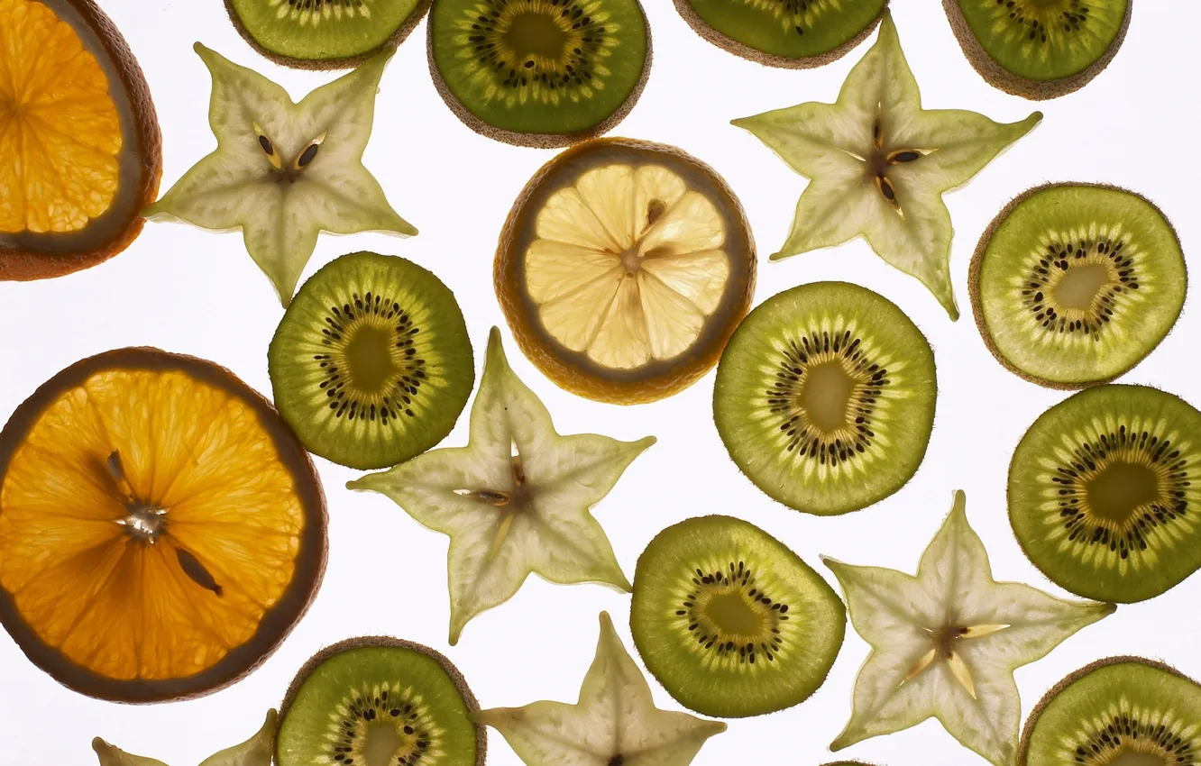 Photo wallpaper white, background, lemon, orange, kiwi, fruit