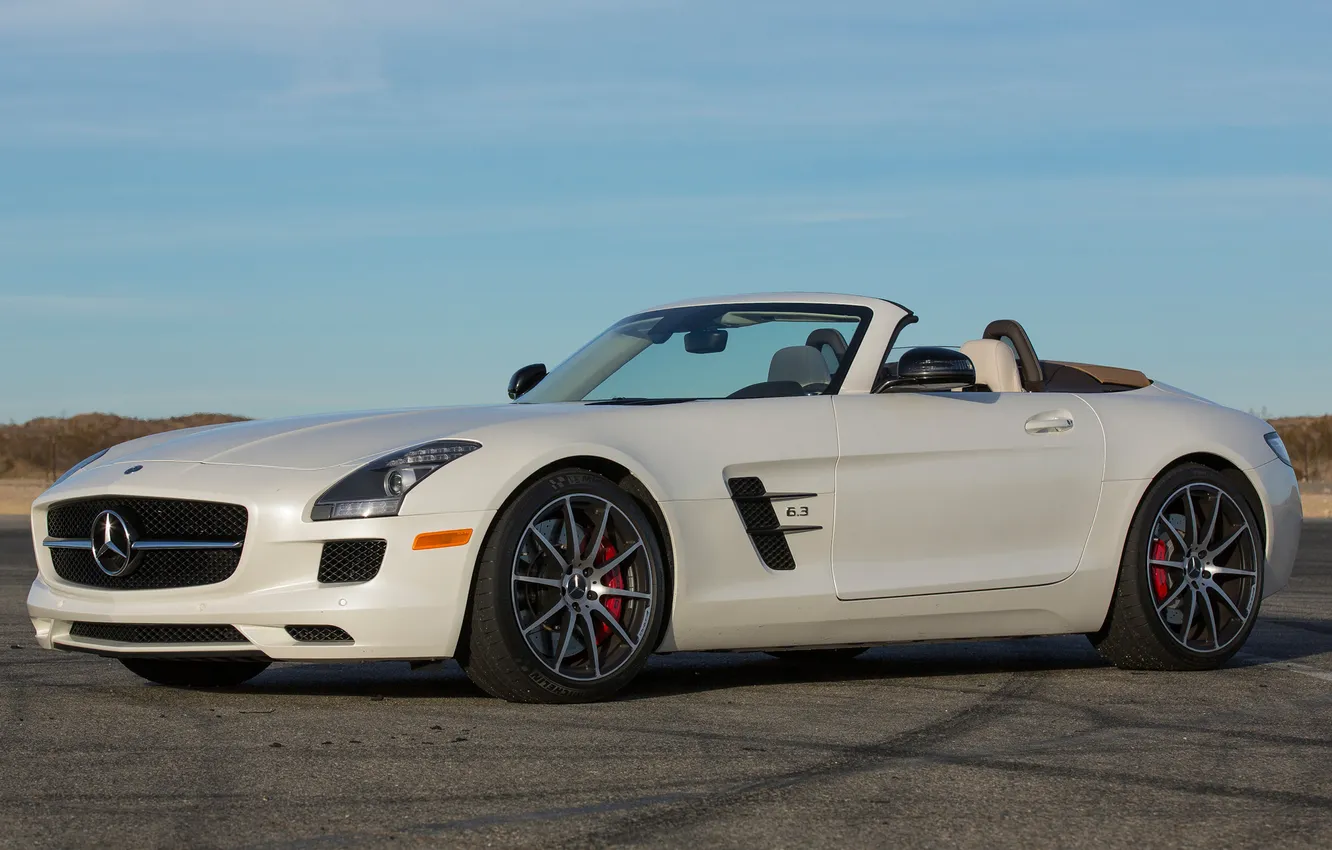 Photo wallpaper car, Roadster, Mercedes-Benz, white, AMG, SLS, wallpapers