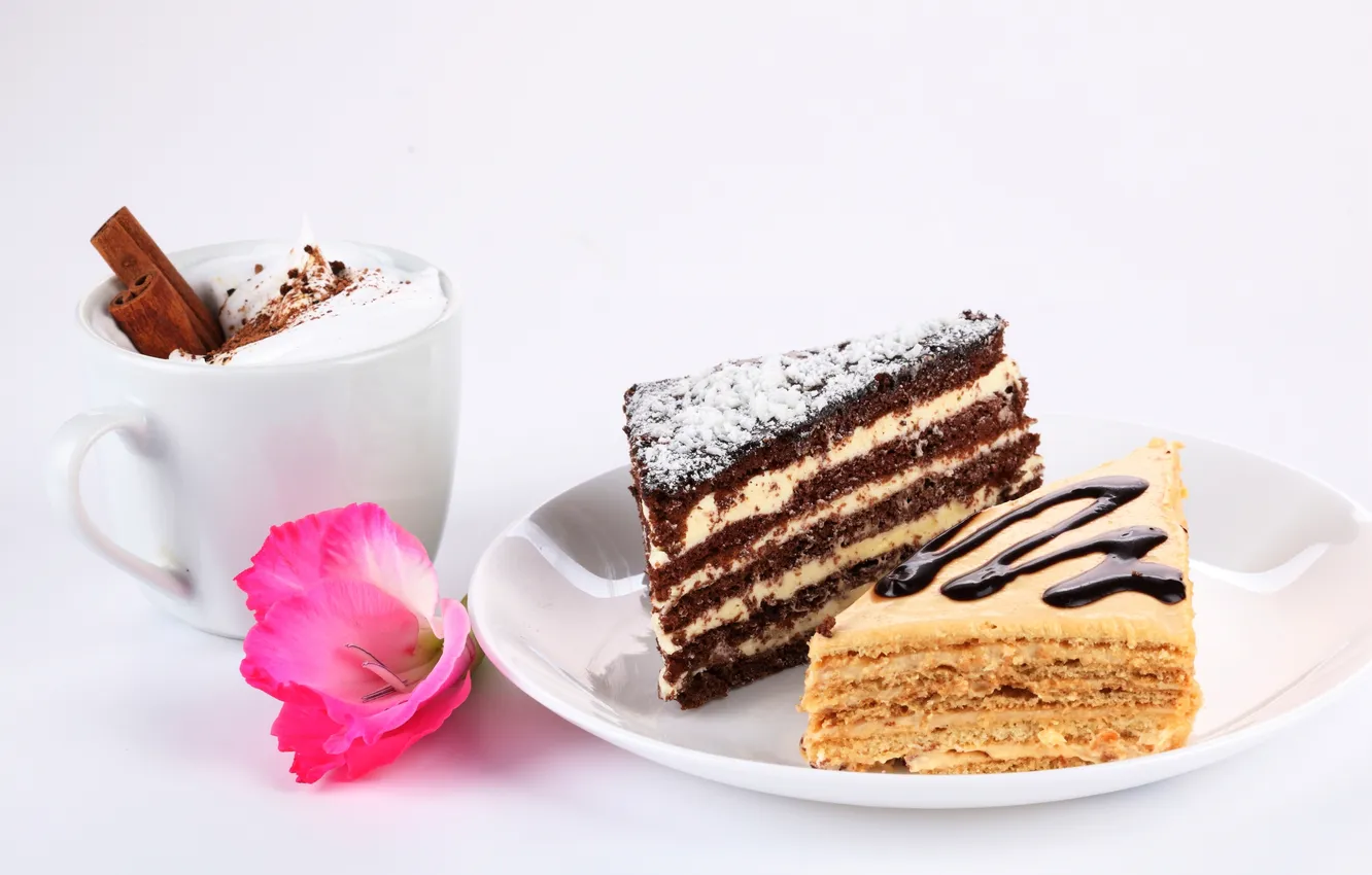 Photo wallpaper flower, cake, pieces, cake, cinnamon, cappuccino, cream, dessert