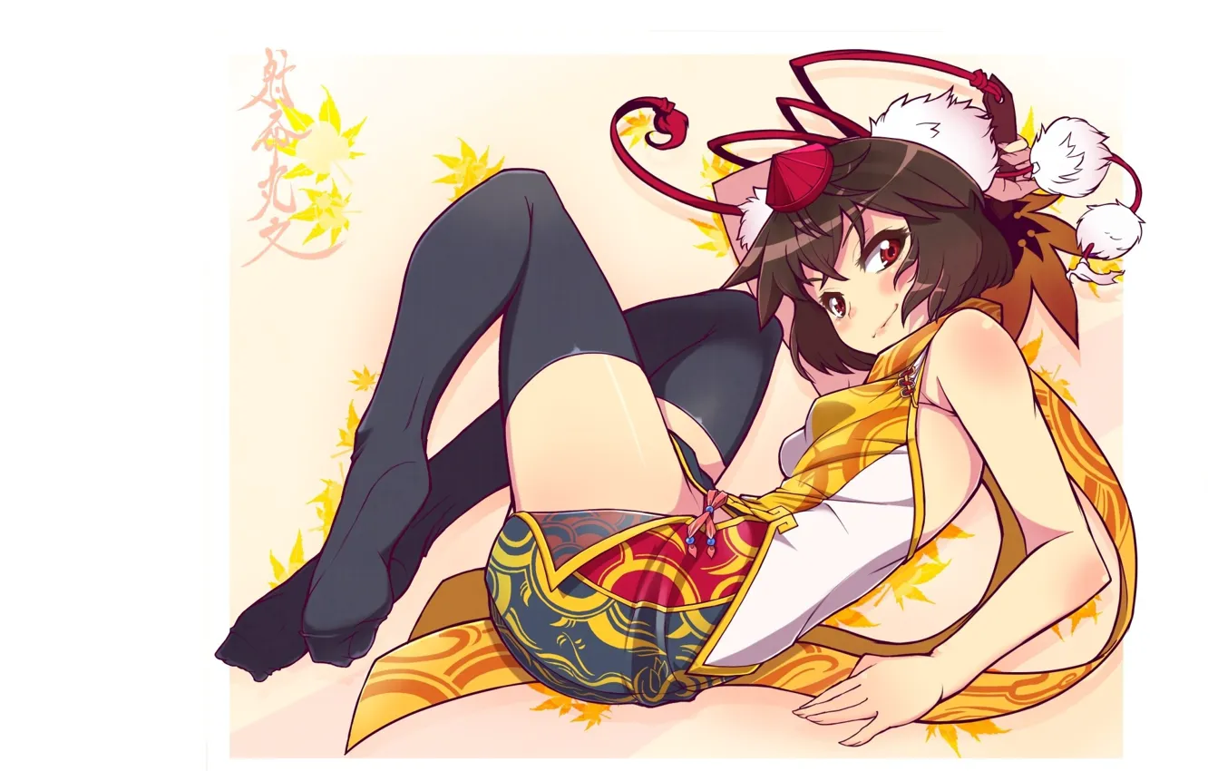 Photo wallpaper white background, cap, Aya Shameimaru, sitting on the floor, black stockings, red ribbon, Touhou Project, …